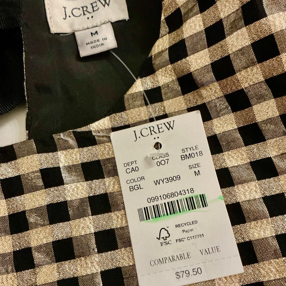 J. Crew Lurex Metallic Gold & Black Plaid Puff Sleeve Top, Size Medium, NWT - Picture 10 of 16